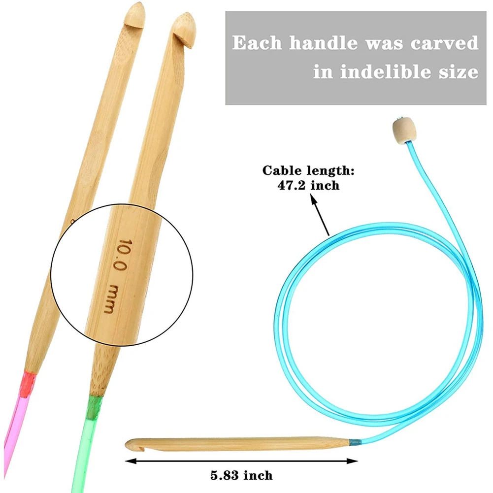 Ganchos de crochê tunisinos com cabo de bambu, agulha de tricô com grânulo, 3-10mm, 23 peças