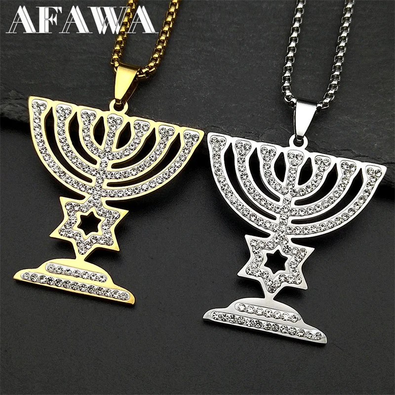 

Jewish Menorah Star of David Necklace Stainless Steel Judaica Israel Faith Lamp Hanukkah Rhinestones Necklace Jewelry Gift