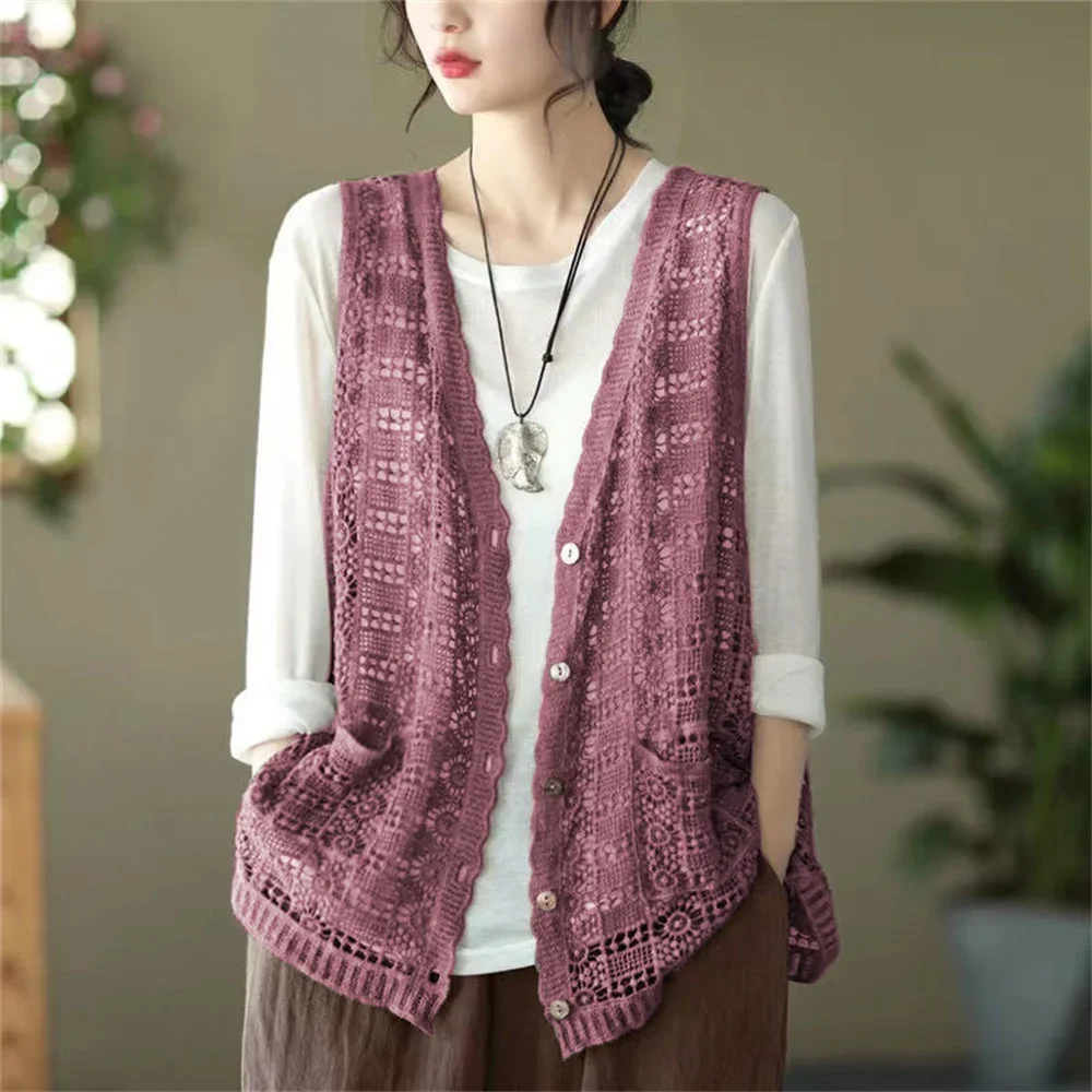 

Women V-Neck Hollow Out Crochet Korean Fashion New Cardigan Vests Sleeveless Jacket Cotton Lace Waistcoat Knitted Mujer Vest