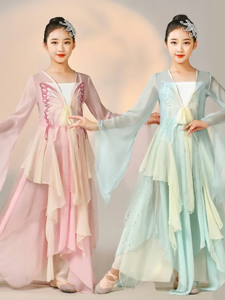 

New Arrival Girl Traditional Fan Dance Costume Butterfly Loose Fairy Folk Dance Clothing Child Classic Hanfu Yangko Dancewear