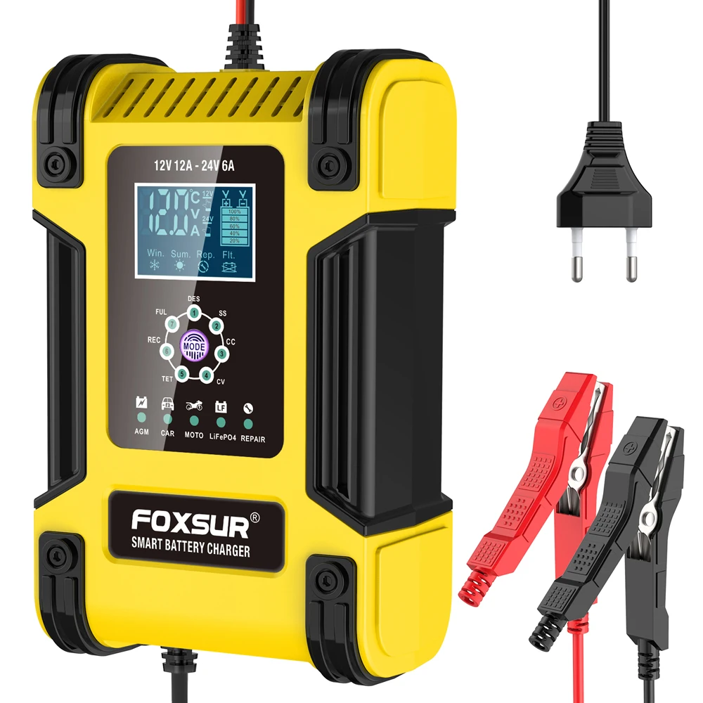 Foxsur volautomatische auto-acculader 12V 12A digitale display acculader Power Pulse reparatieladers nat droog loodzuur