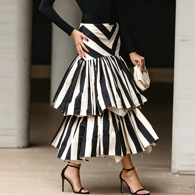Women Black White Striped Long Skirt High Waist Asymmetric Tiered Ruffle Skirt Irregular Swing Flowy Casual Fashion A Line Skirt