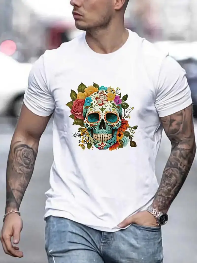 Skull And Flowers Print Tees For Men, Casual Crew Neck Short Sleeve T-Shirt, Comfortable Breathable T-shirt For All Seasons