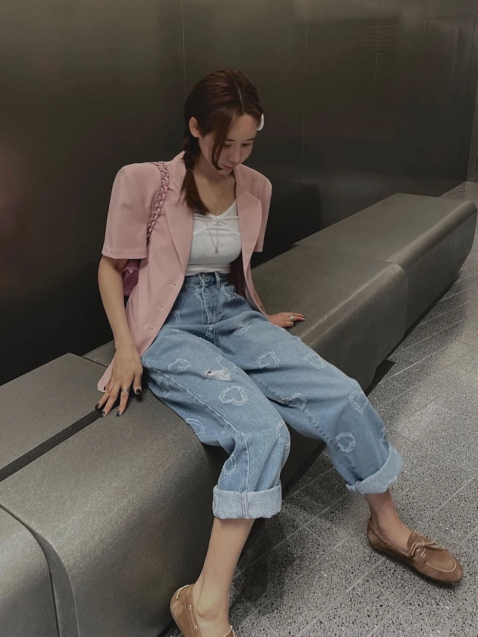 Vintage hoge taille opstaande kraag hart aped denim jeans dames faionable cool veelzijdige wijde pijpen broek zomer 2024