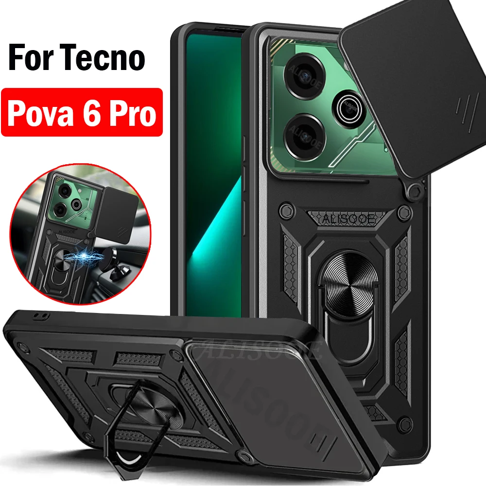 Funda for Tecno Pova 6 Pro 5G (LI9) 6.78 inch Case Slide Camera Ring Stand Protection Cover for Tecno Pova 6 Pro Shockproof Capa