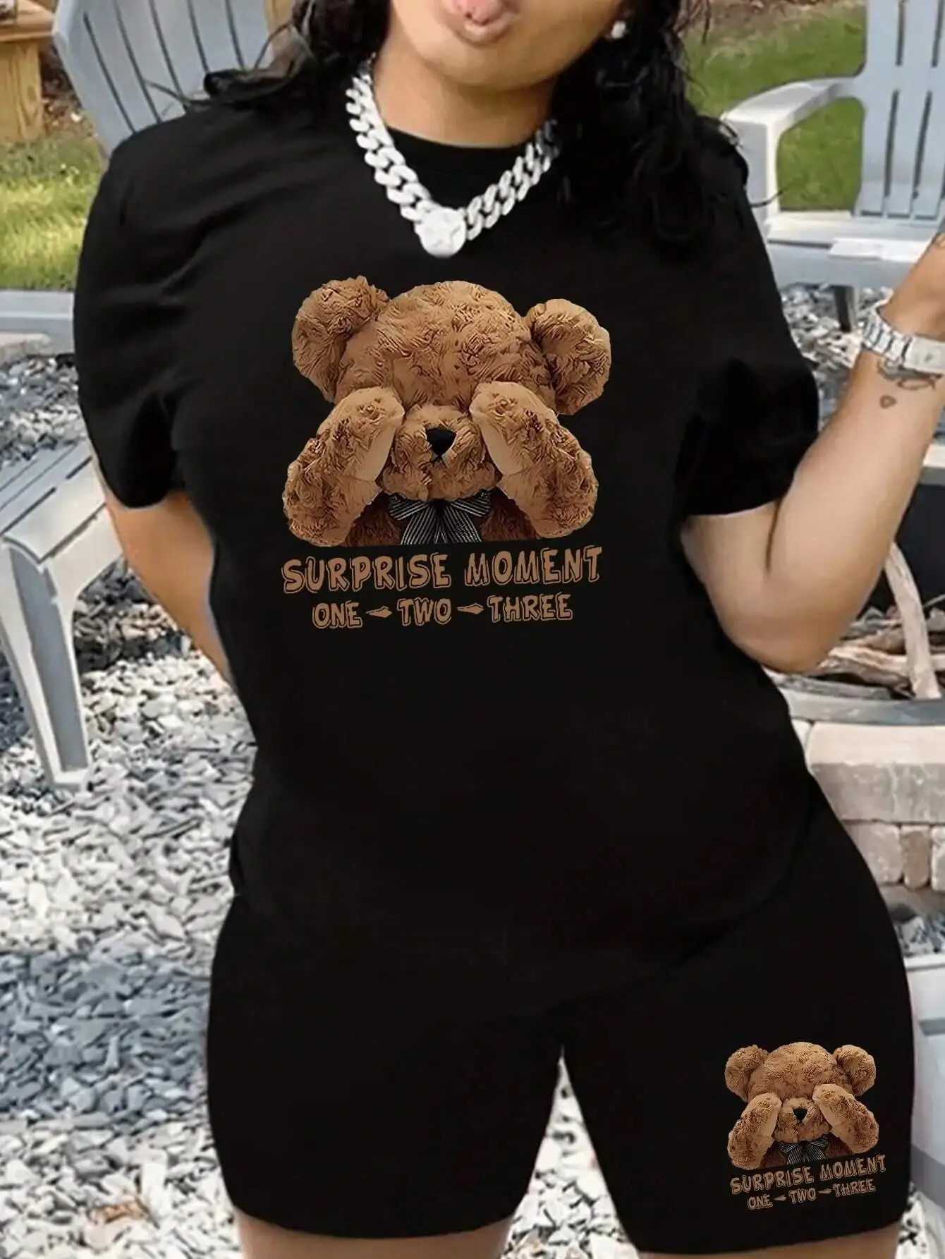 Surprise Moment One Two Three Teddy Bear T-Shirt Set Women Fashion O-Neck 2 Piece Set Breathable Cotton Shorts Oversized T Shirt