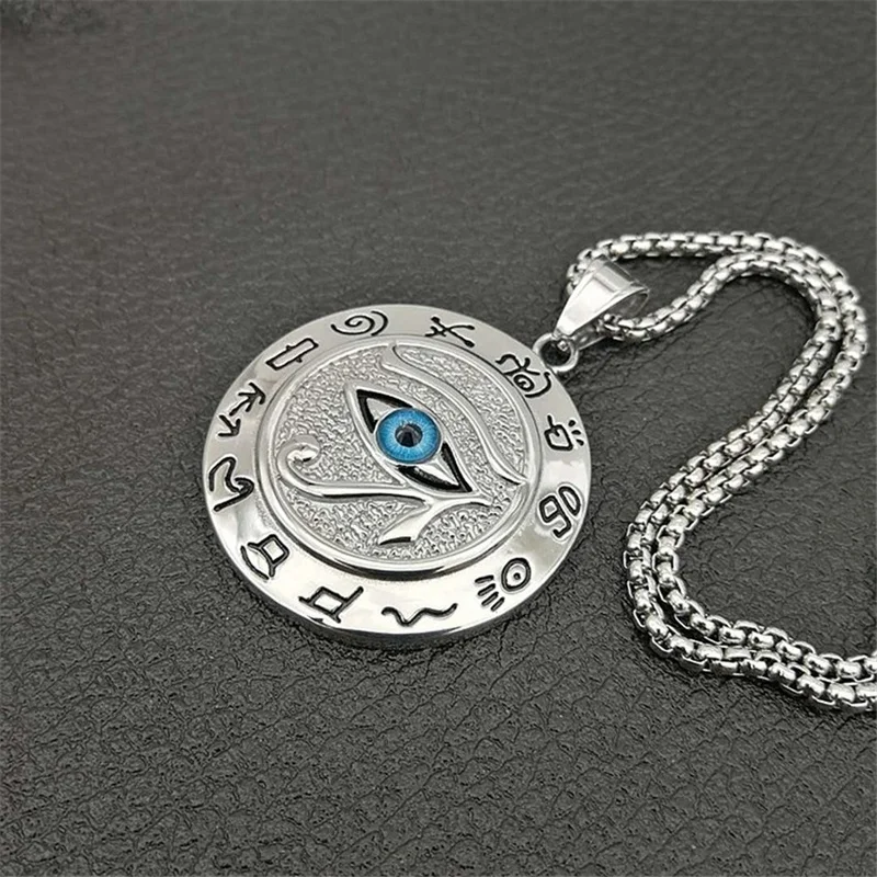 Eye of Horus Muslim Rune Pattern Round Pendant Necklace Men\'s Necklace Sliding Pendant Metal Necklace Amulet Accessory Jewelry