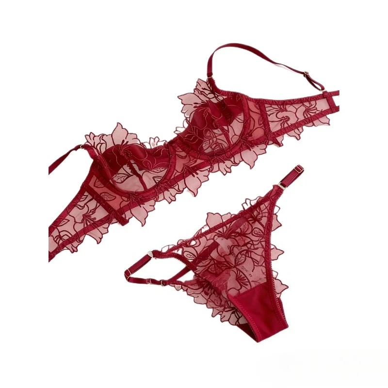 Padded Bra Set Small Bust | Lace Embroidered & Mesh Underwear Set with Soft Underwire, Comfortable Demi Cup Sexy Tushy KUCLUT
