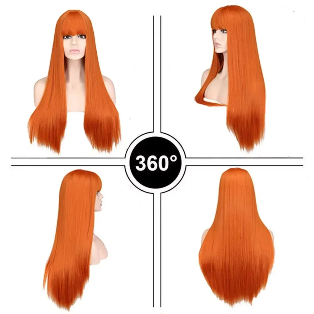 Whimsical w longa reta laranja peruca cosplay festa perucas com franja perucas de cabelo sintético para mulher resistente ao calor para festa diária