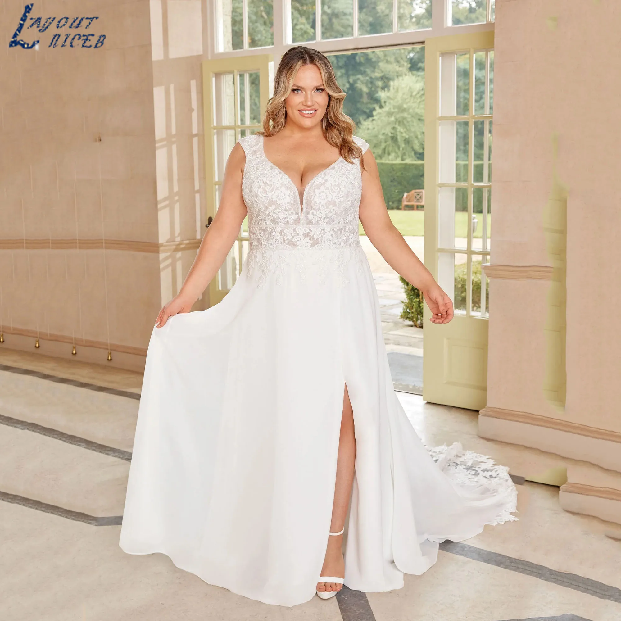 

LAYOUT NICEB Plus Size Wedding Dress Romantic Chiffon A-Line V-Neck Appliques Bride Gown Sleeveless Backless vestidos Customized