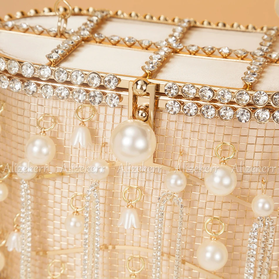 Alizekerr Diamond Tassel Evening Bags Women Gorgeous Unique Hollow Out Pearl Metal Cage Clutch Purses And Handbags Wedding Party