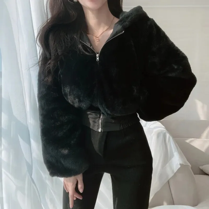 Black Solid Stand Collar Jackets Women Fashion Plush Short Coats Elegant Pockets Elastic Waist Female Ladies