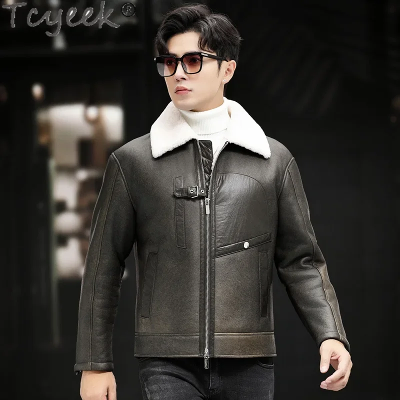 Tcyeek Natural Sheepskin Fur Coats Vintage Genuine Leather Jacket Men Winter Clothes Wool Real Fur Jackets Casaco Masculino 2024