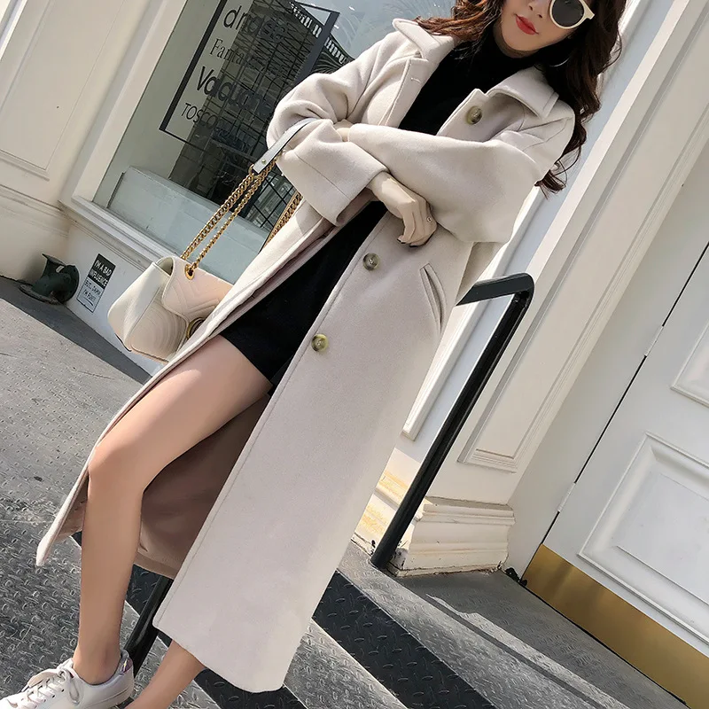 Quali Women's Woolen Coat Turn-down Collar Long Sve Spring Summer Faionable Straight-cut Polyurethane Elastic Fiber Po...