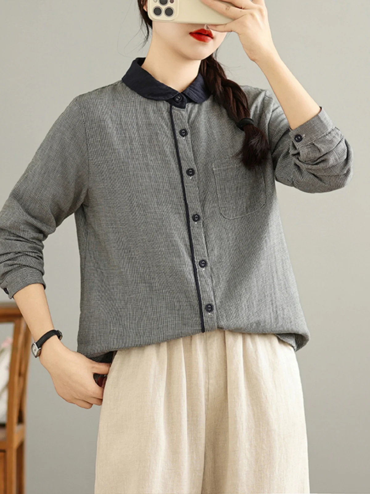 الرجعية اليابانية Sle المرأة القطن irt الخريف الربيع منقوشة نمط طبقات عادية أعلى طوق طويل Sve منتظم صالح #5