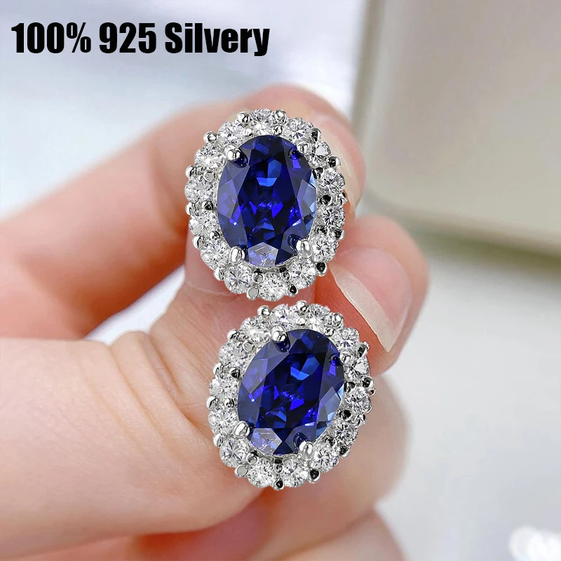 

Classic 100% 925 Sterling Silver 5*7,6*8 mm Oval Cut Sapphire Royal blue Pigeon Blood Gemstone Ear Studs Earrings Jewelry