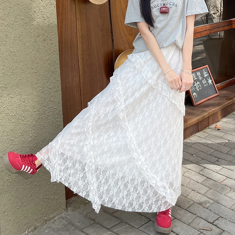 

Нежная белая кружевная длинная юбка-миди с оборками и высокой талией для женщин, весна-лето, свободная юбка А-силуэта в балетном стиле