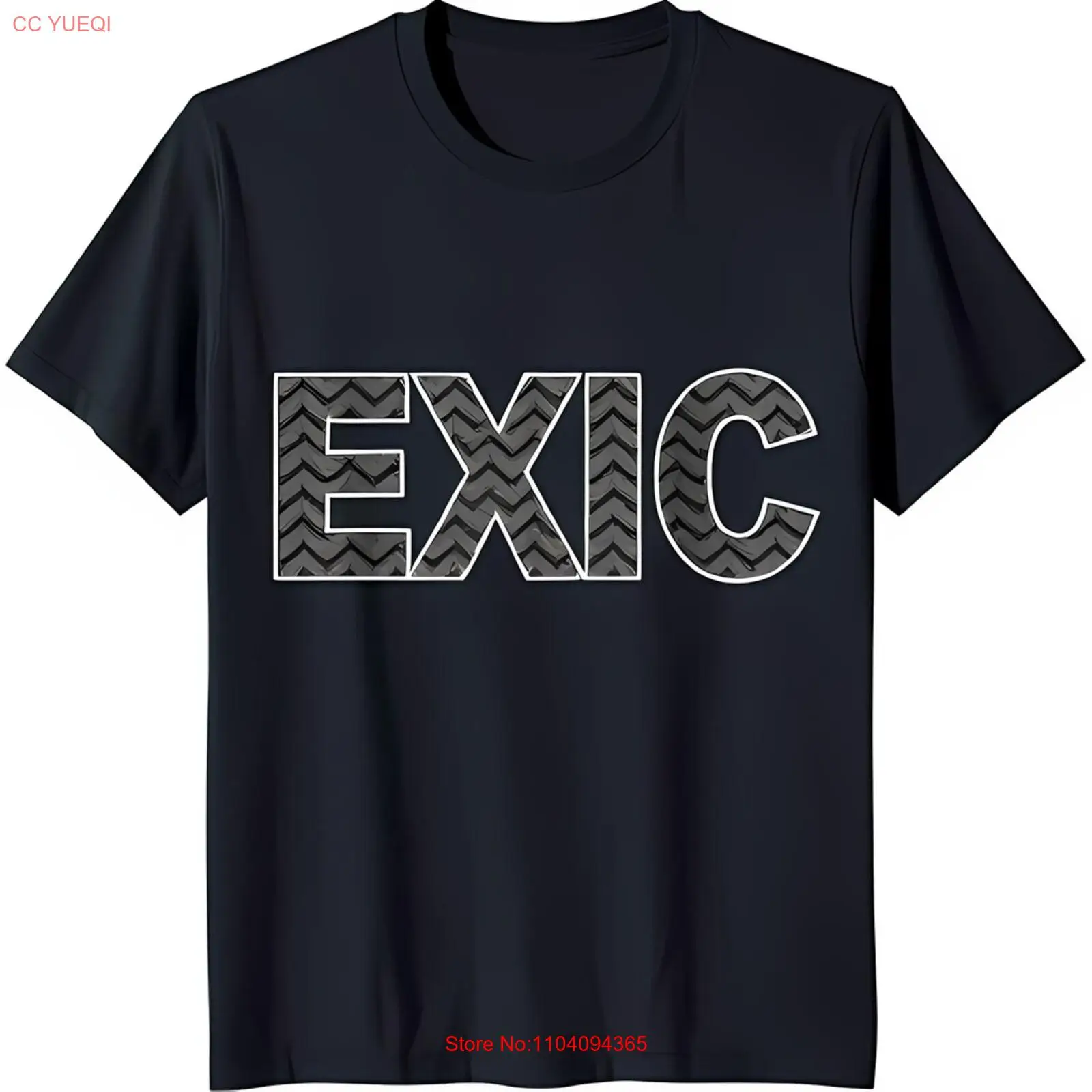 Men's Black T-Shirt with Bold 'EXIC' Tire Tread Graphic Short Sleeve Crew Neck