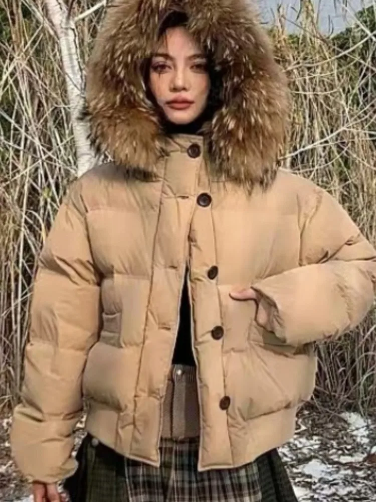 

Women New Fall Winter Hooded Button Coat with Large Fur Collar Retro Office Christmas Fashion Jacket Retro Commute Outfits New