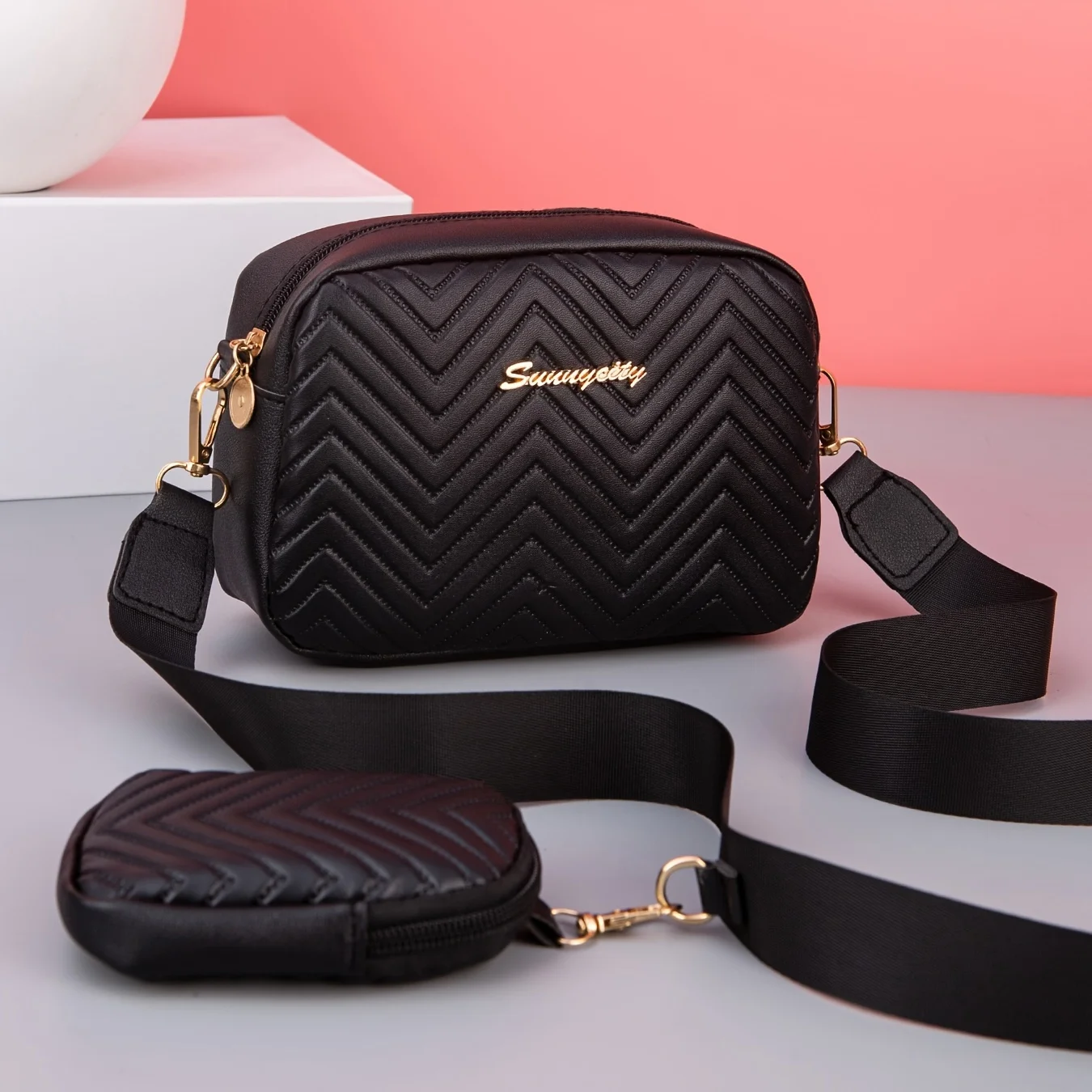 Trendy, fashionable, simple, luxurious, solid color, wave embossed sequin decoration, women's crossbody bag