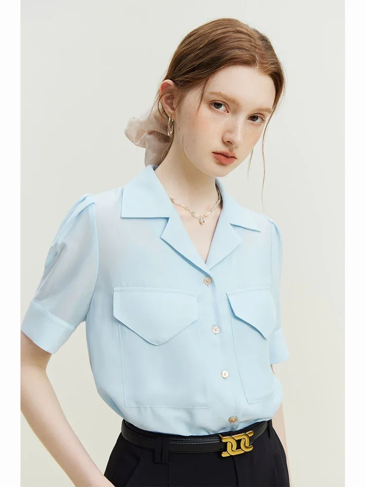 FSLE Women French Style Short Sleeve Shirt Office Lady Temperament Notched Collar Solid Female Blouses Single Breated Top