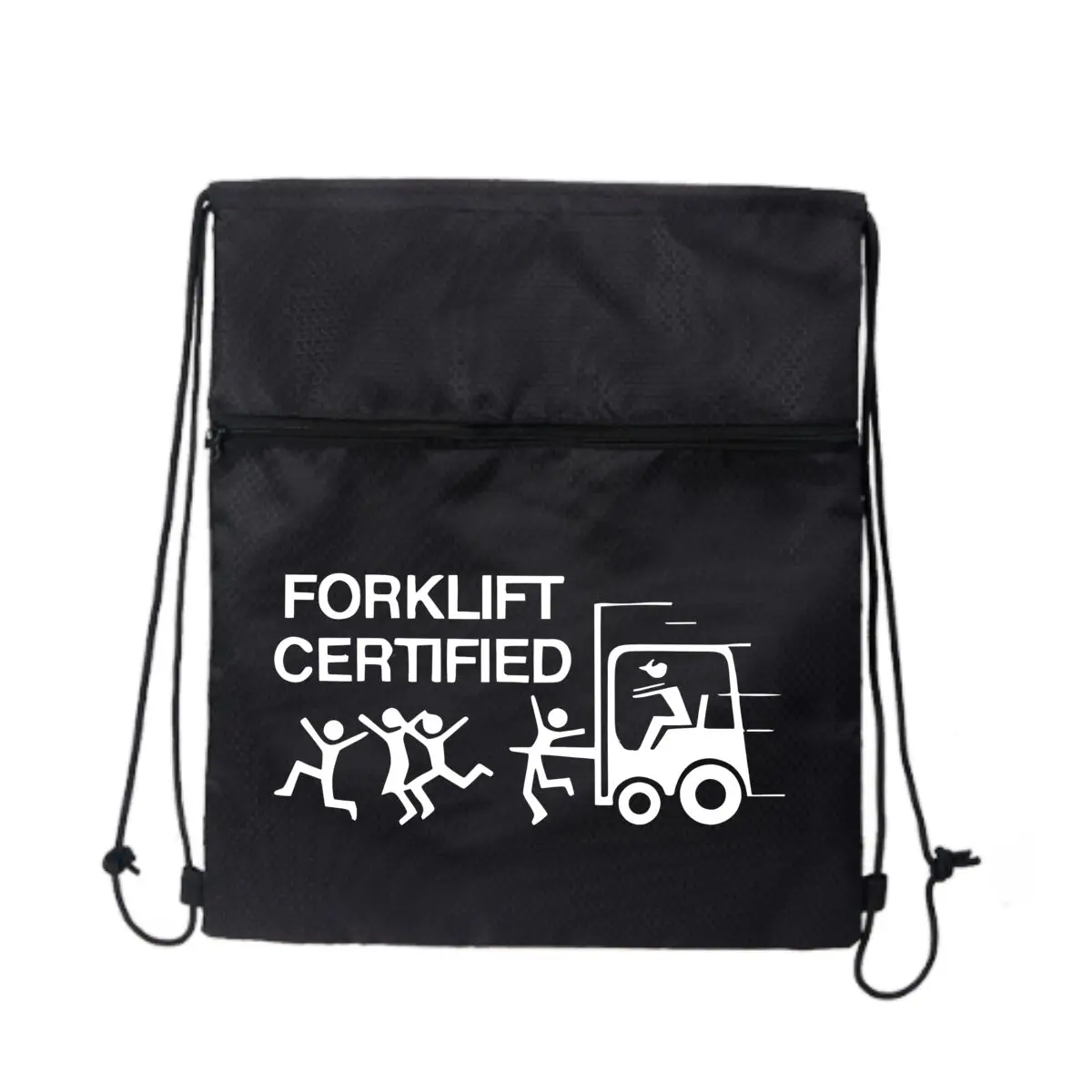 

Сертифицированный текстовый погрузчик на синей сцене. Складной рюкзак на шнурке. Легкий простой и модный спортивный рюкзак унисекс.