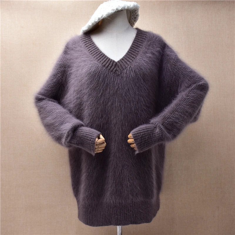 Ladies Women Autumn Winter Thick Warm Hairy Mink Cashmere Knitted V-Neck Long Sleeves Loose Pullover Angora Fur Jumper Sweater