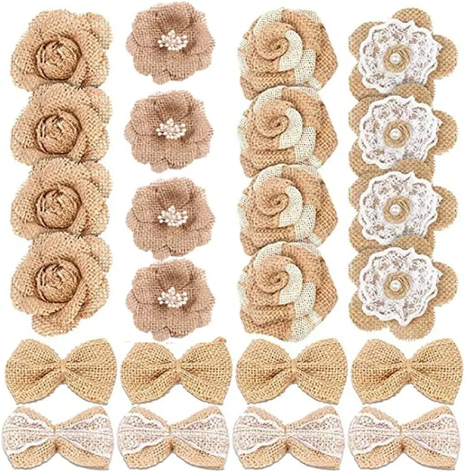 

24PCS Set of Burlap Flowers, Vintage Burlap Flowers, 6 Templates, for Christmas Gift Decorations Wedding Crafts DIY