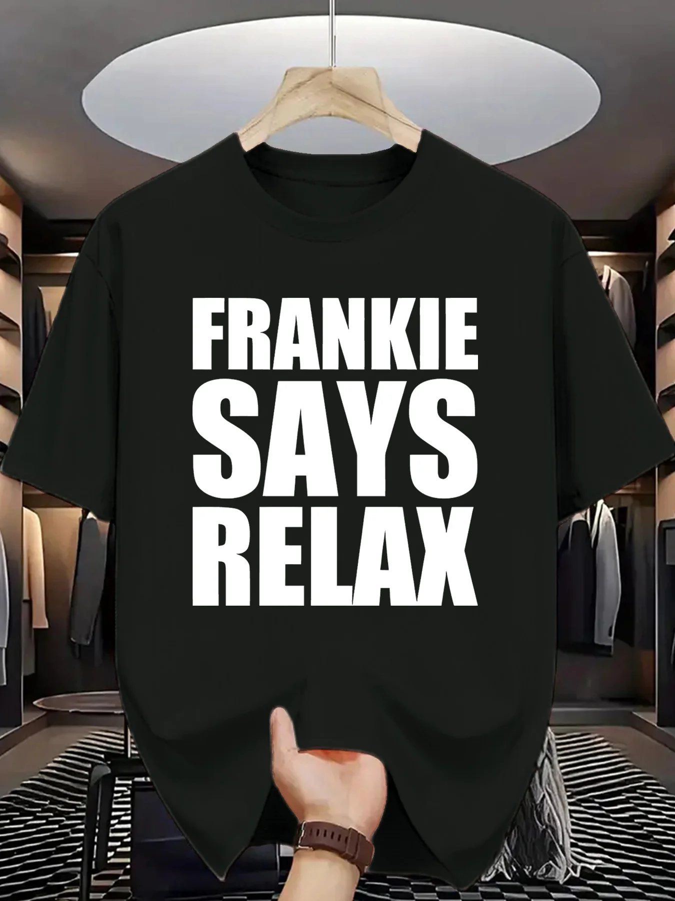 Frankie Say Relax Men's printed round-neck T-shirt with bold letters, white background and black print,a must-have for summer