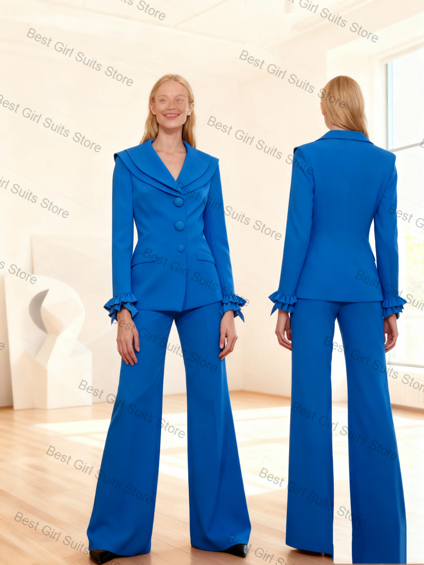 

Костюм женский с рюшами, 2 предмета: синий блейзер + брюки, деловой офисный костюм, пиджак, индивидуальный пошив, наряд для свадьбы