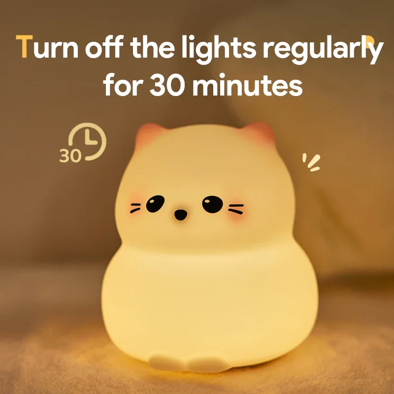 USB Rechargeable Silicone Cat Night Light Nursery Sleeping Touch Patting Lamp Kawaii Cordless Night Lights For Kids Room Decor