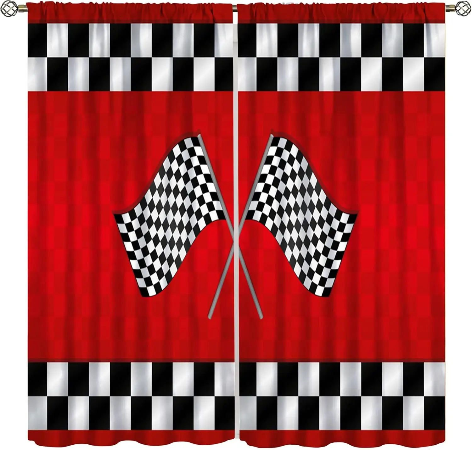 Racing Car Kids Curtains, Boys Construction Vehicles Window Treatments for Boys Bedroom,Red Racing Flag Drapes 2 Panel Sets