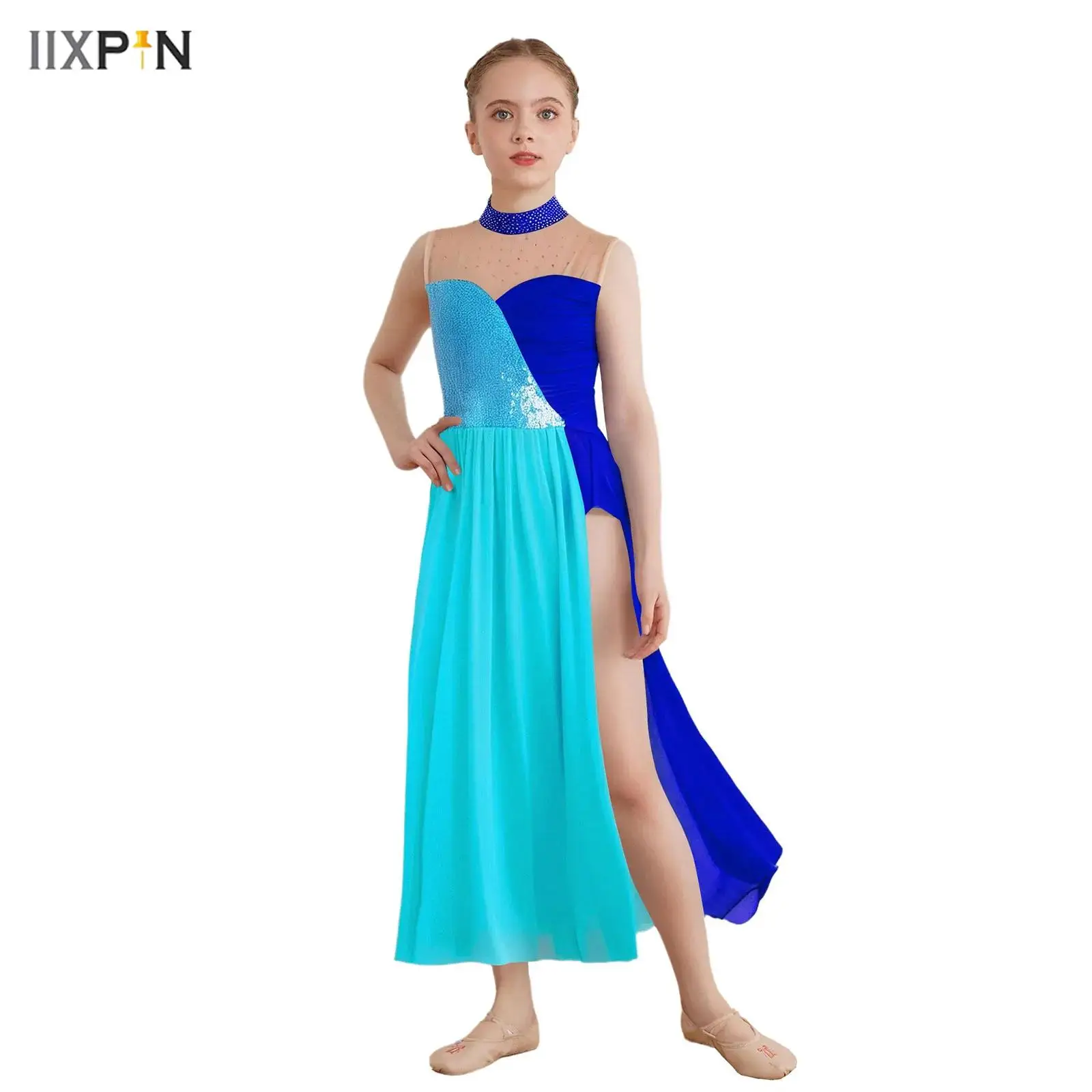 

Kids Girls Contemporary Lyrical Dance Dress Sleeveless Cutout Sparkly Sequins Bodice Color Block Side Split Mesh Leotard Dress
