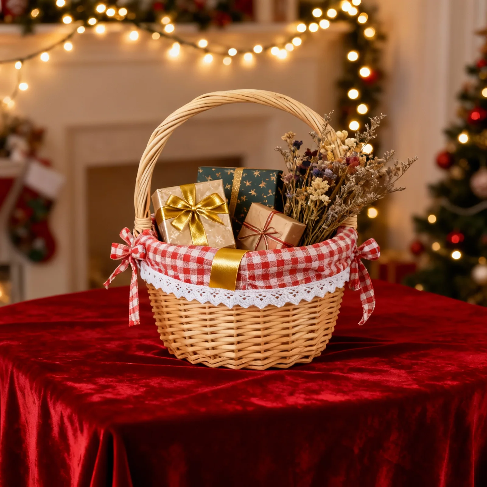 

Wicker Storage Basket Hand Woven Linen Inner S Size Red Plaid Fabric Snack Fruit Bread Food Organizer Kitchen Picnic