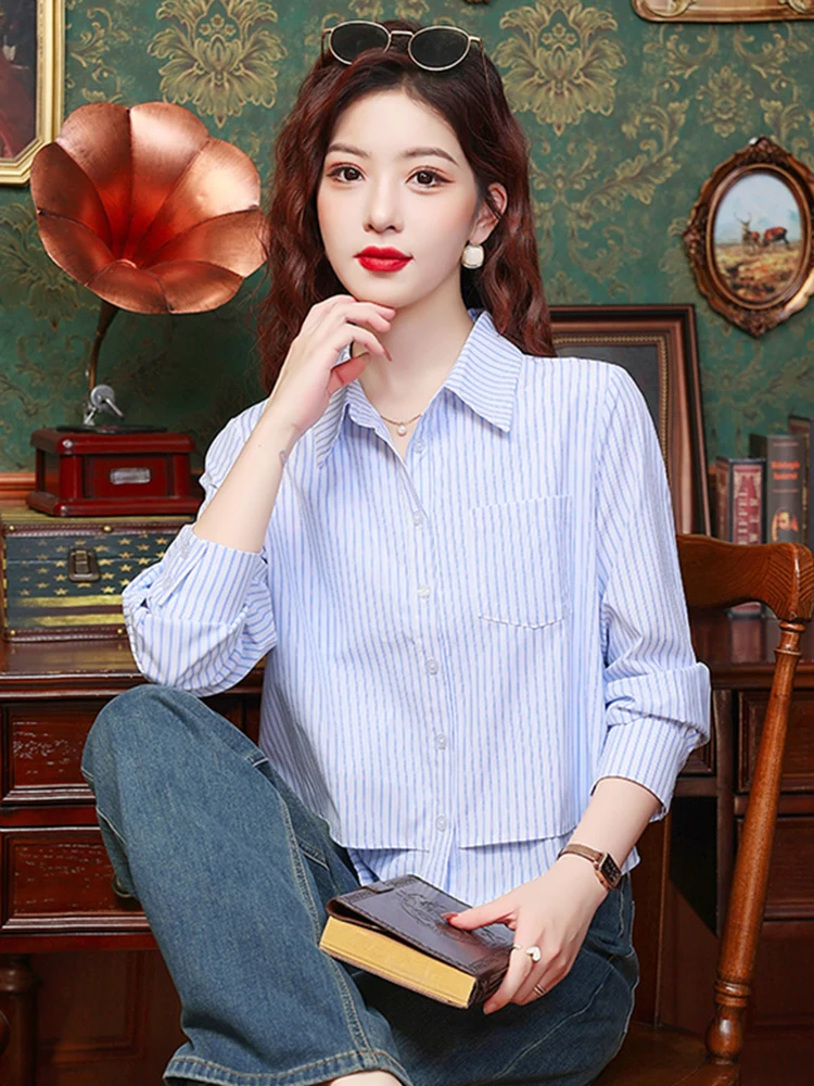 เสื้อฮ่องกงสไตล์สล ลอง สเว ลายทาง สำหรับผู้หญิง แฟชั่นฤดูใบไม้ร่วง ดีไซน์อเนกประสงค์ ทันสมัย เหมาะสำหรับใส่ทำงาน