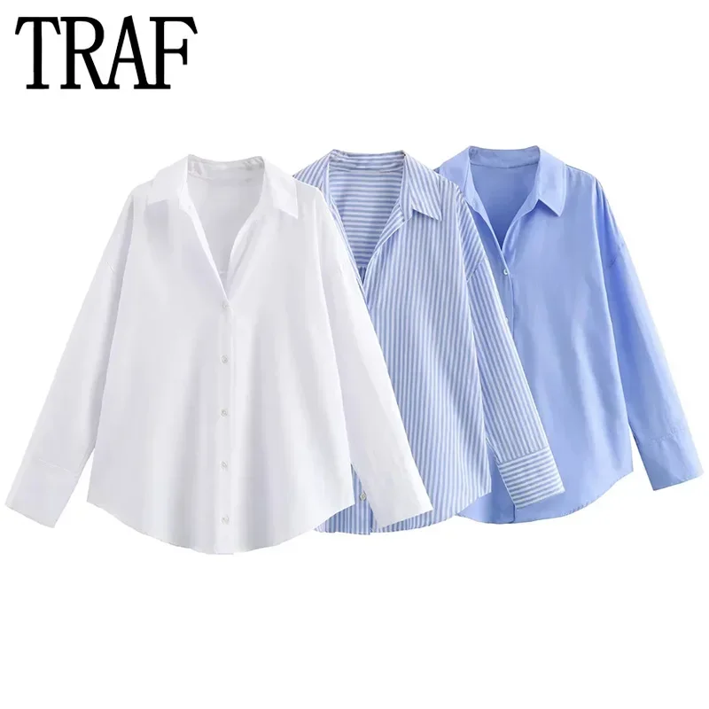 TRAF Woman Asymmetric Oxford White Blouses Blue Striped Long Sleeve Shirt For Women 2024 Casual Basic Shirts Woman Summer Top