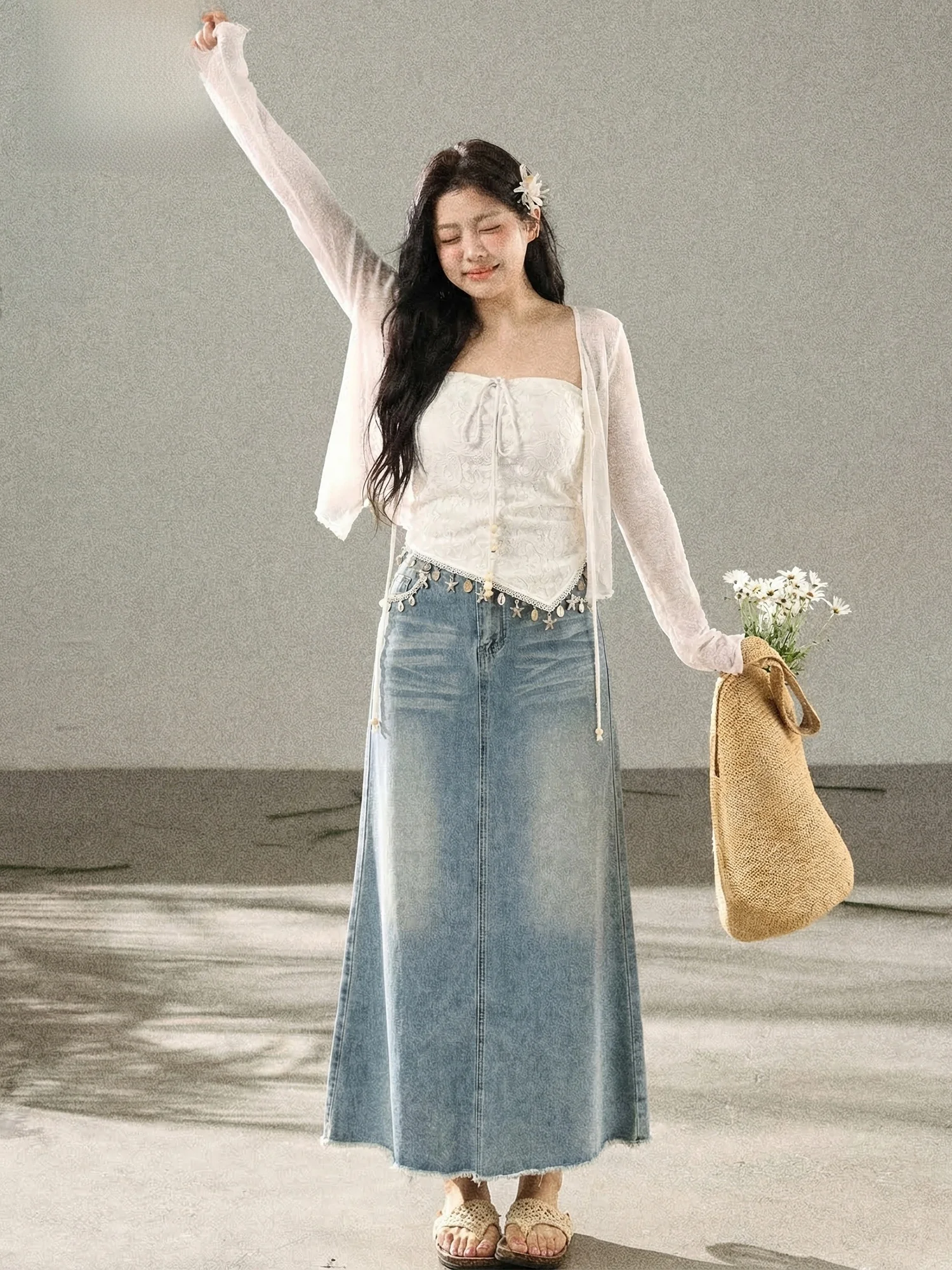 

Korean Style plus Size Women's Fashion Set High Waist Denim Tube Top And Skirt with Sash Casual Slimming Holiday Look