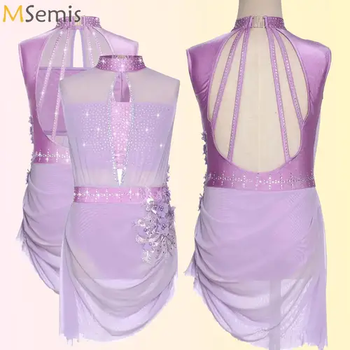 Vestido tutú de baile de Ballet y gimnasia para niñas, vestido sin mangas de malla transparente con diamantes de imitación brillantes para patinaje artístico, actuación de baile