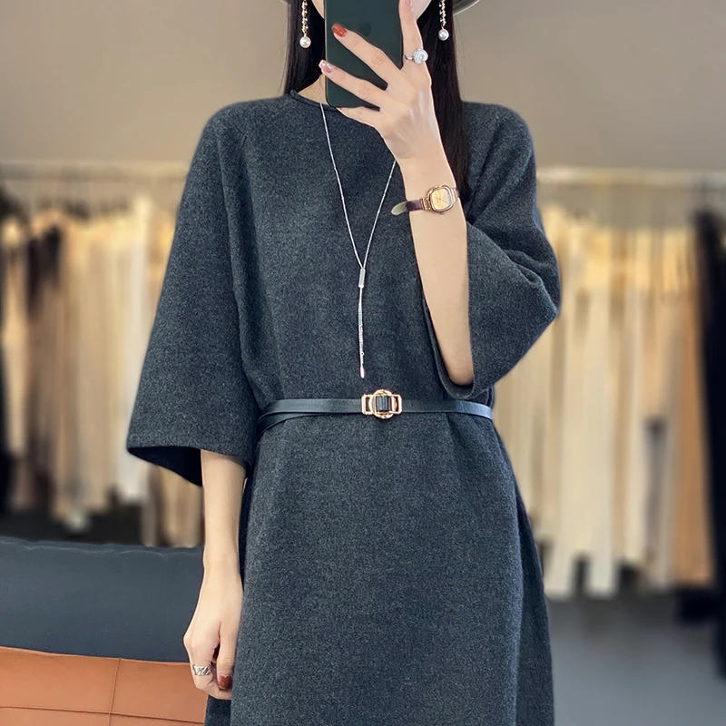 Casual loose women\'s 100% pure wool cashmere dress short sleeve knitted women\'s new pullover wool dress sweater spring long styl