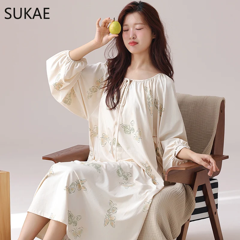 SUKAE Elegant Women Nightgowns Spring Vintage Court Style Lady Chic Dress Autumn Faux Cotton Nightdress Gorgeous Long Sleepshirt