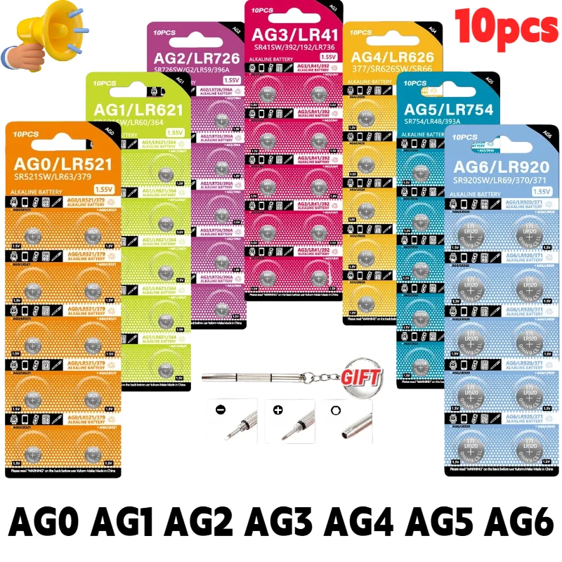 

10Pcs AG0-AG6 LR41 377 364 371 SR621SW Alkaline Button Battery 10Pcs for Clock Remote Control Electronics