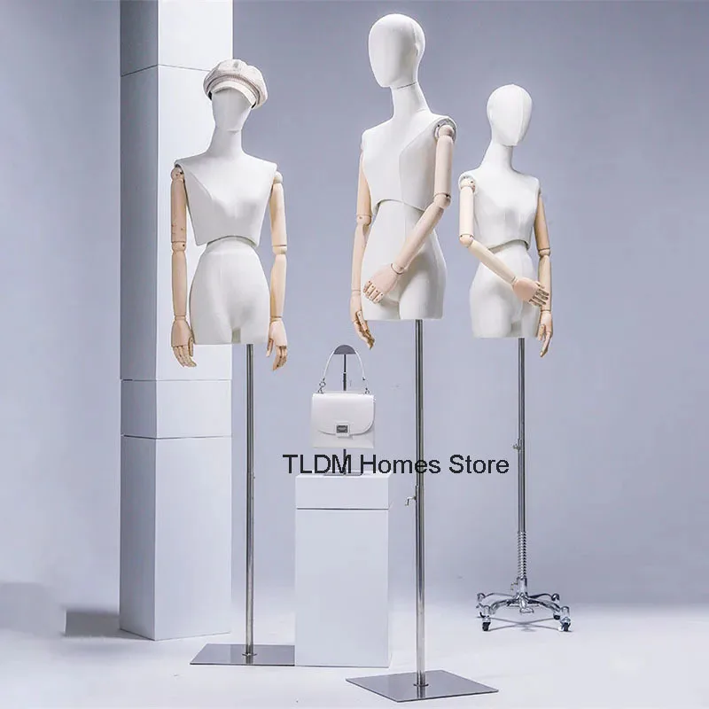 Wooden Arm Fabric Mannequin Display Stand for Wedding Cloting Dress Bust Mannequin Woman Adjustable Rack Metal Base Mannequin