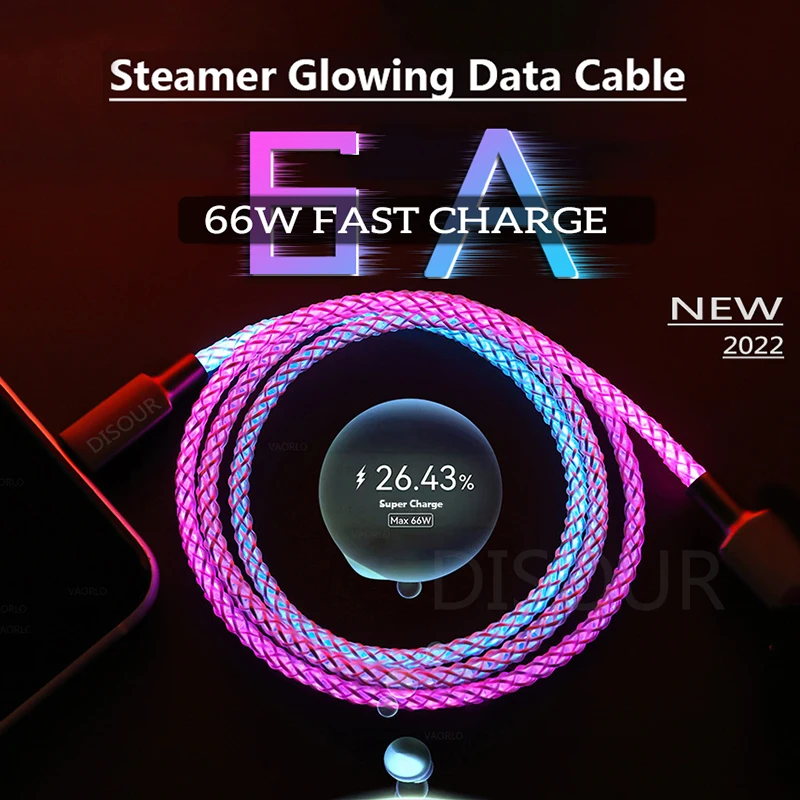 NEW 6A Super Fast Charging Cable RGB Type-C 66W Data Cable USB C Fast Charging for Xiaomi Samsung Huawei Flow Luminous Cable