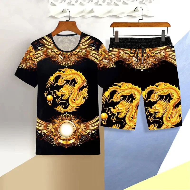2025 New 3D Dragon Pattern Summer Men's Beach Short Sleeved Shorts Set Men's Clothing T-shirt 2-piece Set Round Neck Sport