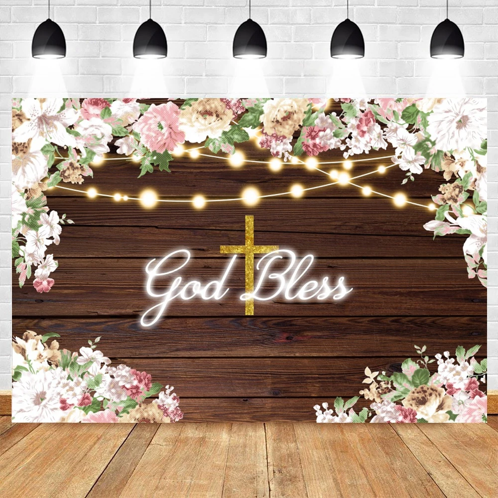 

God Bless Backdrop Baby First Communion Photocall Wood Board Party Decoration Photographic Photography Background Photo Studio