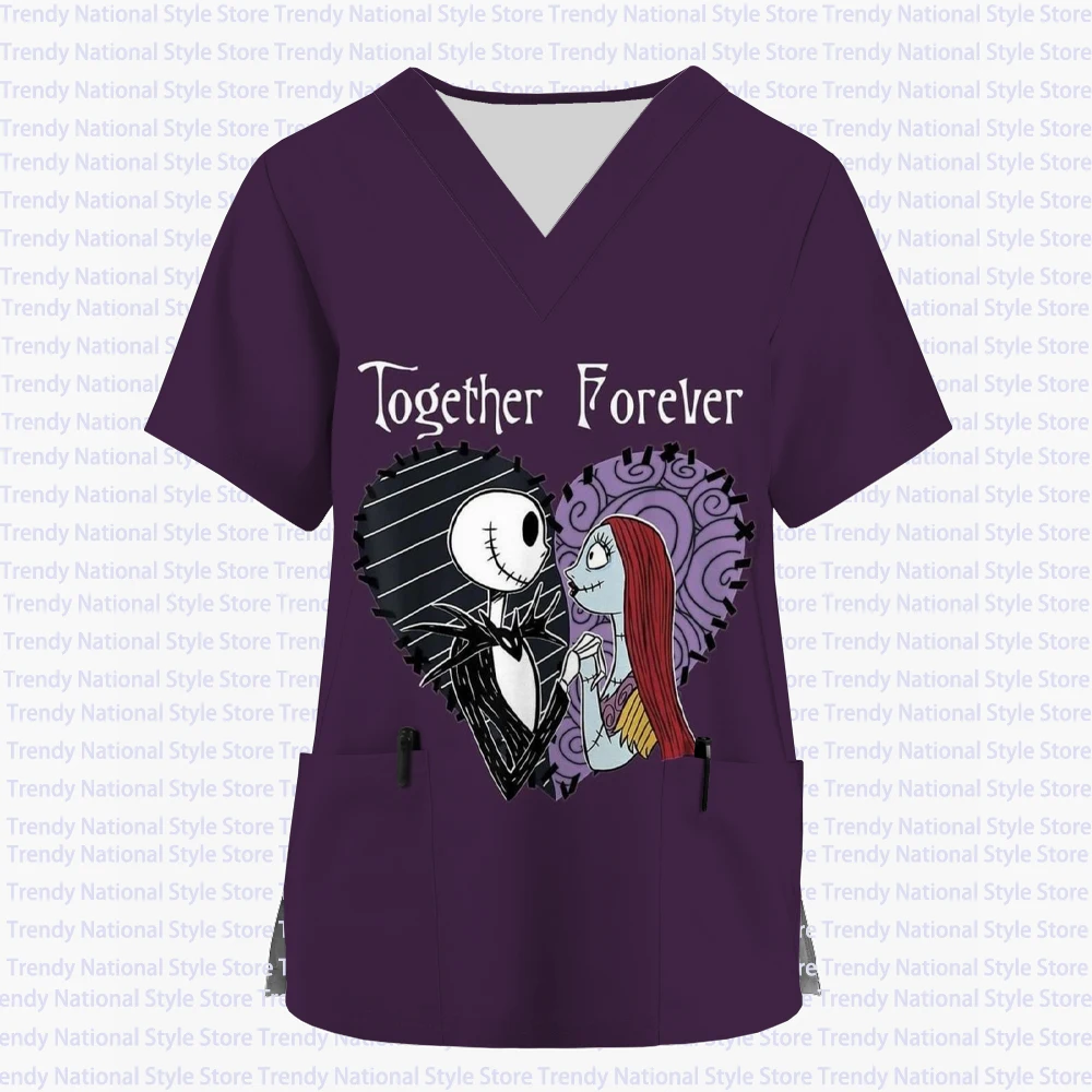 

Medical Nurse uniform frosted print The Nightmare Before Christmas Jack and Sally spa uniform women's V-neck work clothes