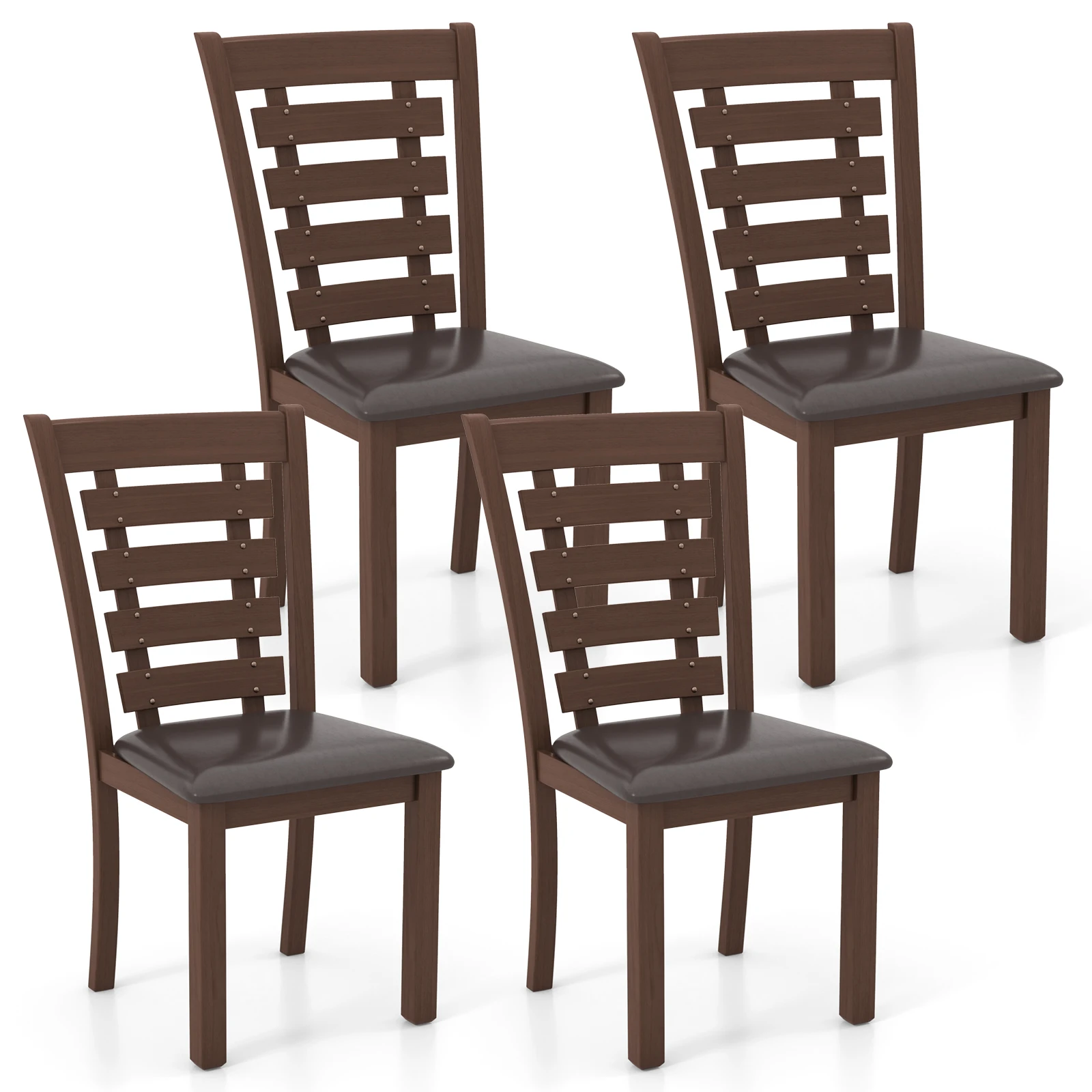 Wooden Dining Chairs Set of 4 with Upholstered Seat & Rubber High Back Brown