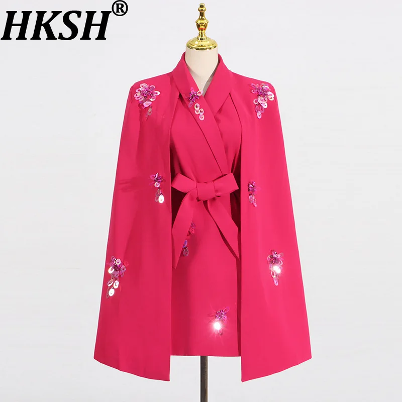 

HKSH Women Tide Fashion Personality Style Suit-Coat Elegant High Street Tide Patchwork Cape Studded Sequins Waist Blazer HK8452