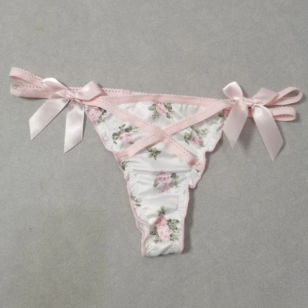 Ruffled Lovely Sweet Girl Thong Briefs Smooth Satin Panties Floral Printed T-back Underwear Bow Cross Strap Low Rise Underpants