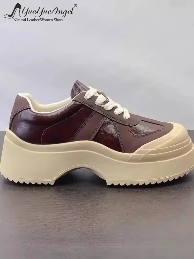 Bombas de plataforma de couro genuíno para mulheres, fundo grosso, sapatos casuais, renda confortável, design vintage, rua alta, novo para a primavera